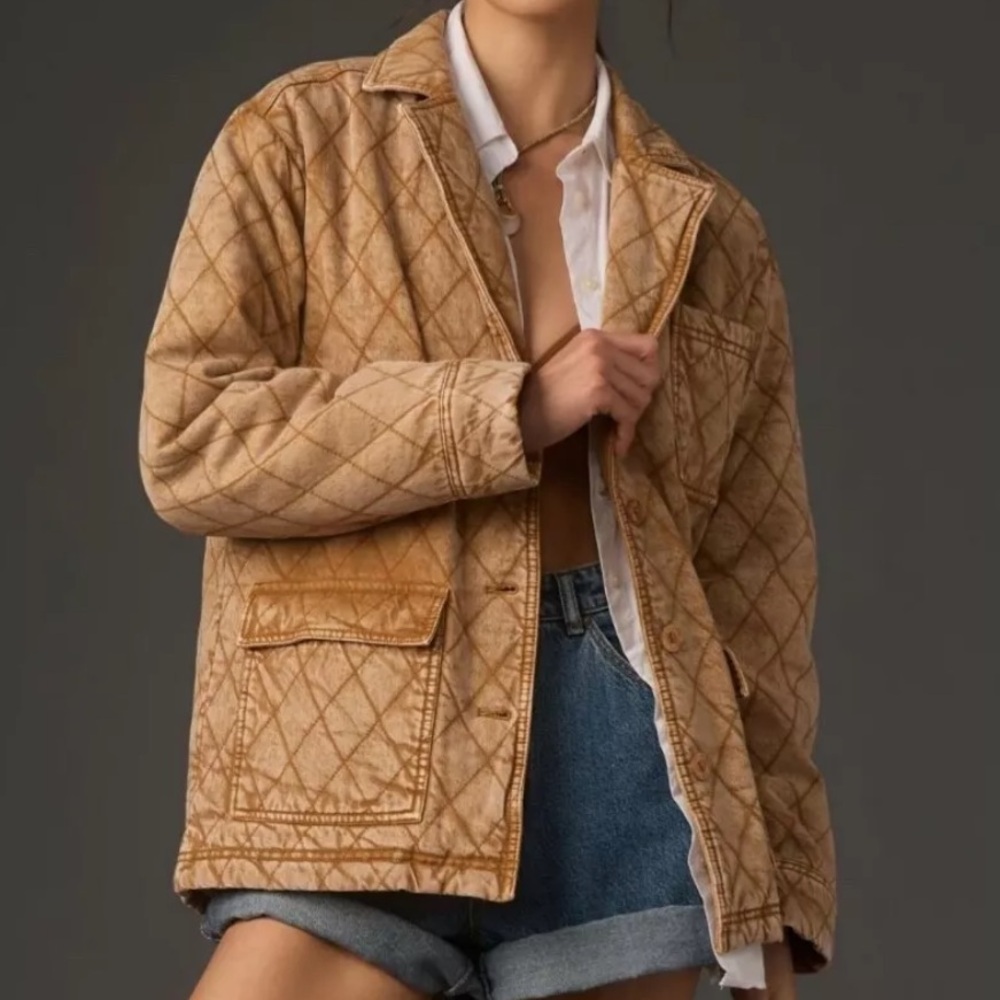 Anthropologie Quilted Tan Diamond-Pattern Jacket